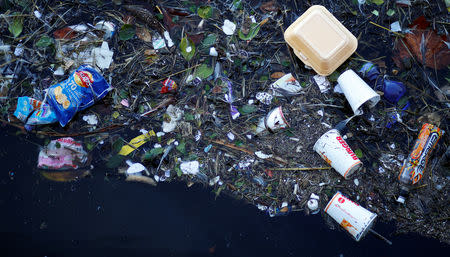 FILE PHOTO: Plastic and other waste is seen floating on the Marine Lake at New Brighton beach near Liverpool, Britain, February 11, 2019. REUTERS/Phil Noble/File Photo