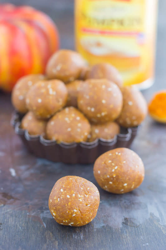 <p>Pumpkin N' Spice</p><p>If you’re looking for things to make with pumpkin puree, try these pumpkin pie bites! They are a healthy, no-bake version of the classic dessert, but made easy without all of the prep work. </p><p><strong>Get the recipe: <em><a href="https://www.pumpkinnspice.com/pumpkin-pie-bites/" rel="nofollow noopener" target="_blank" data-ylk="slk:Pumpkin Pie Bites;elm:context_link;itc:0;sec:content-canvas" class="link rapid-noclick-resp">Pumpkin Pie Bites</a></em></strong></p>
