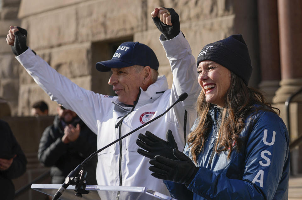 Fraser Bullock, left, president and CEO of the Salt Lake City-Utah Committee for the Games and Salt Lake City Mayor Erin Mendenhall celebrate at City Hall, Wednesday, Nov. 29, 2023, following the announcement by the International Olympic Committee of Salt Lake City as a "preferred host" of the 2034 Olympic Games following an IOC live broadcast from Paris. (Francisco Kjolseth//The Salt Lake Tribune via AP)