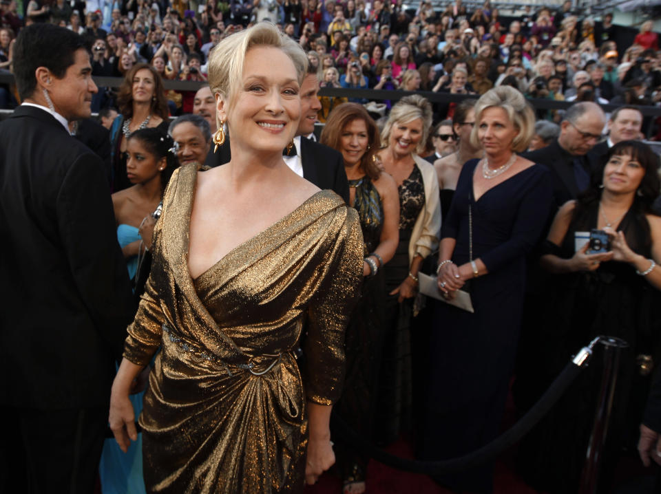 Meryl Streep arrives before the 84th Academy Awards on Sunday, Feb. 26, 2012, in the Hollywood section of Los Angeles. (AP Photo/Chris Carlson)