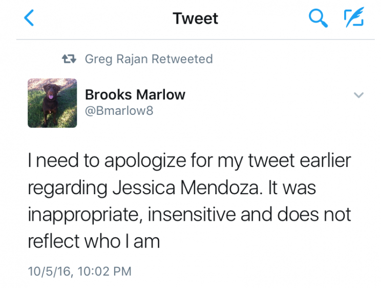 Brooks Marlow apologized after sending out a tweet criticizing ESPN broadcaster Jessica Mendoza. (Screenshot via the Houston Astros)