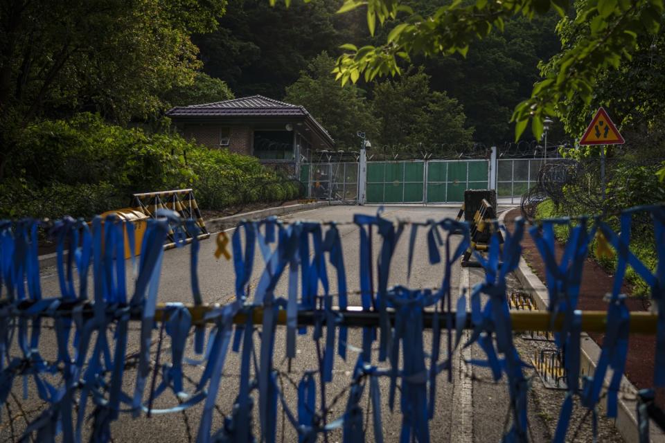 A view of the gate into the Terminal High Altitude Area Defense (THAAD) base in Seongju, South Korea, in June.