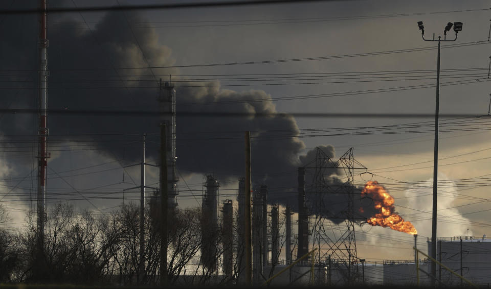 The Exxon Mobil Baytown Olefins Plant is seen after high winds and rains ripped through the region, Tuesday, Jan. 24, 2023, in Baytown, Texas. (Jason Fochtman/Houston Chronicle via AP)