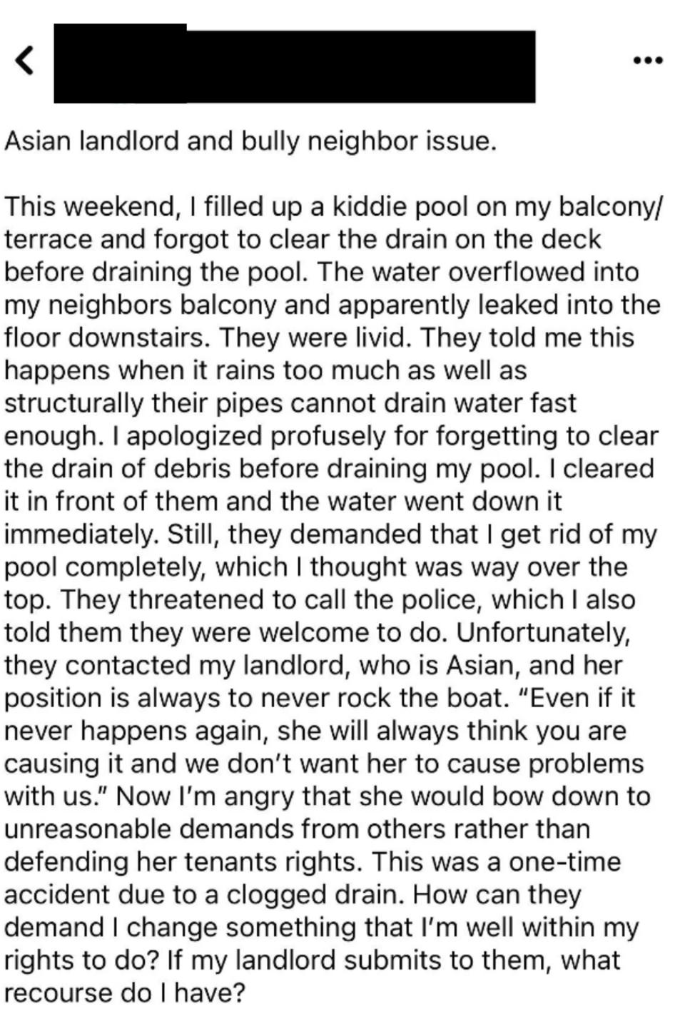 "Asian landlord and bully neighbor issue"