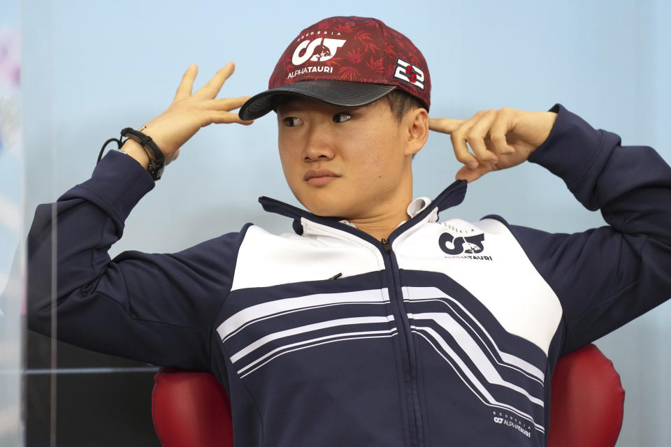 AlphaTauri driver Yuki Tsunoda of Japan attends a news conference, ahead of the Japanese Formula One Grand Prix at the Suzuka Circuit in Suzuka, central Japan, Thursday, Oct. 6, 2022. (AP Photo/Eugene Hoshiko)