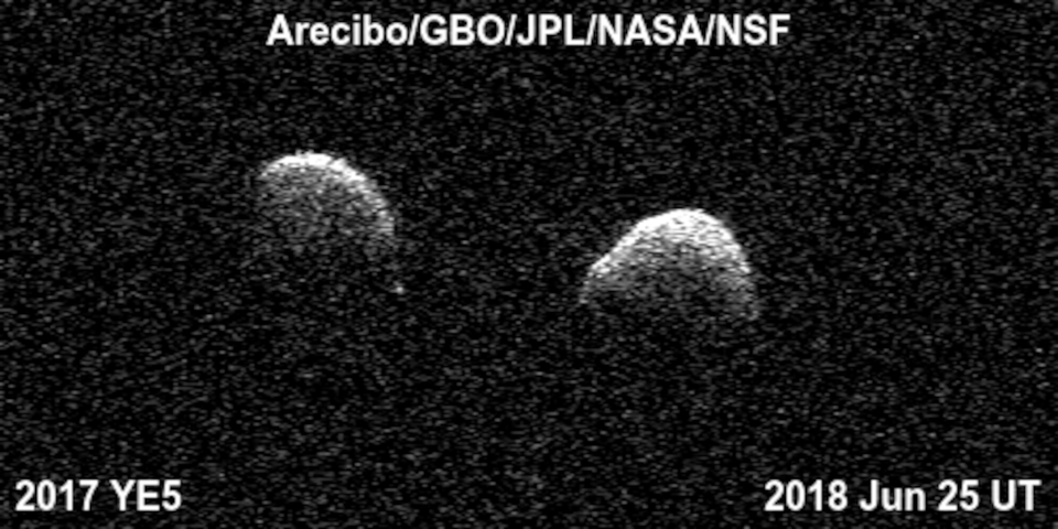 Astronomers used three different radar telescopes, which bounce beams of radio waves off asteroids, to understand the shape of 2017 YE5. <cite>Arecibo/GBO/NSF/NASA/JPL-Caltech</cite>