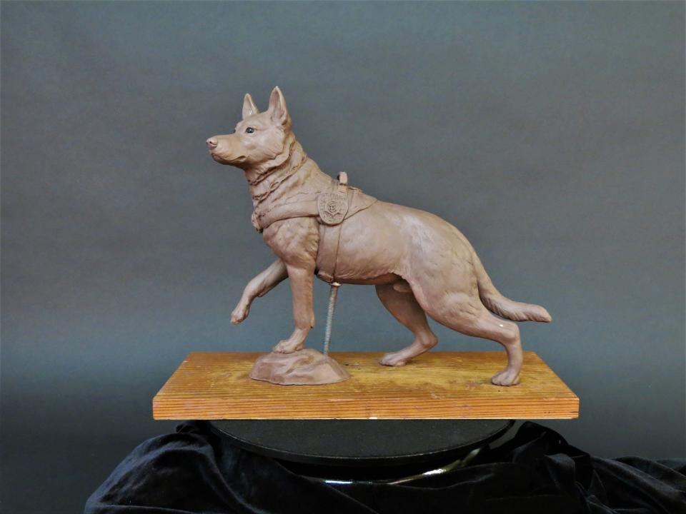 Former St. Francis Police Department K9 Bane is going to be recognized for his service with a bronze statue sculpted by artist Kristen Douglas-Seitz of The Painted Feather. This is the initial clay sculpt for the statue set to be constructed in May 2023.