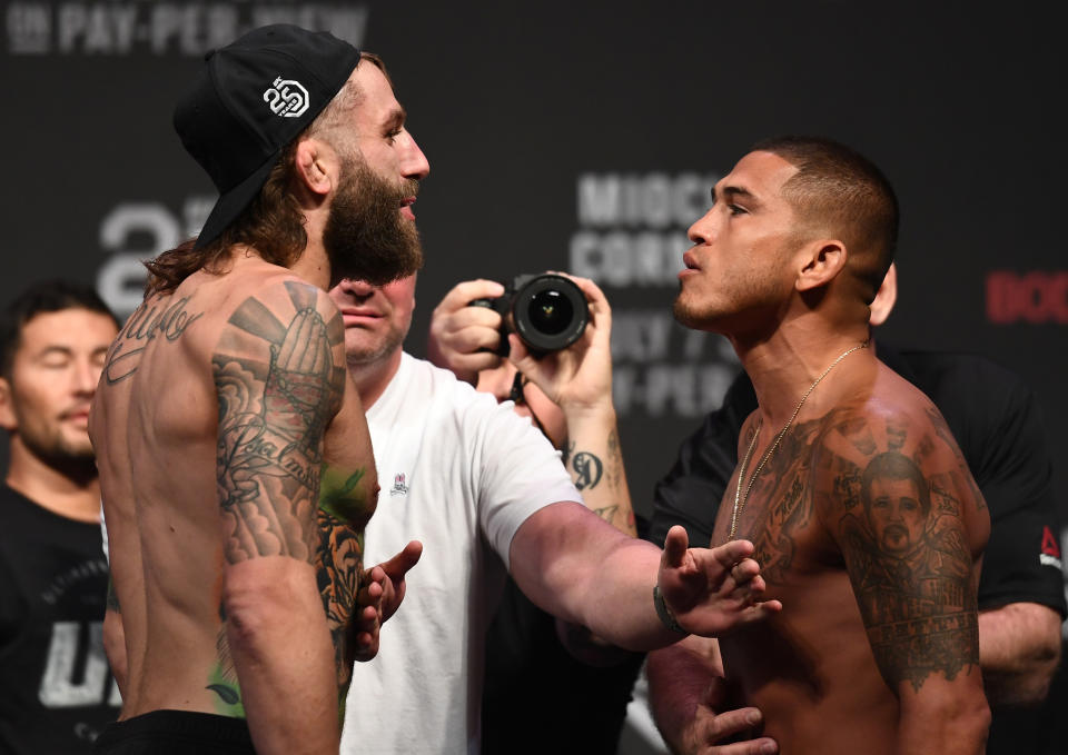 LAS VEGAS, NV - JULY 06:  (L-R) Opponents Michael Chiesa and Anthony Pettis face off during the UFC 226 weigh-in inside T-Mobile Arena on July 6, 2018 in Las Vegas, Nevada. (Photo by Josh Hedges/Zuffa LLC/Zuffa LLC via Getty Images)