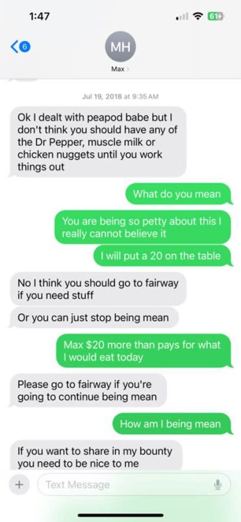 Another text exchange shows Hartman allegedly telling the woman what she is not allowed to eat. SUPREME COURT OF THE STATE OF NEW YORK COUNTY OF NEW YORK