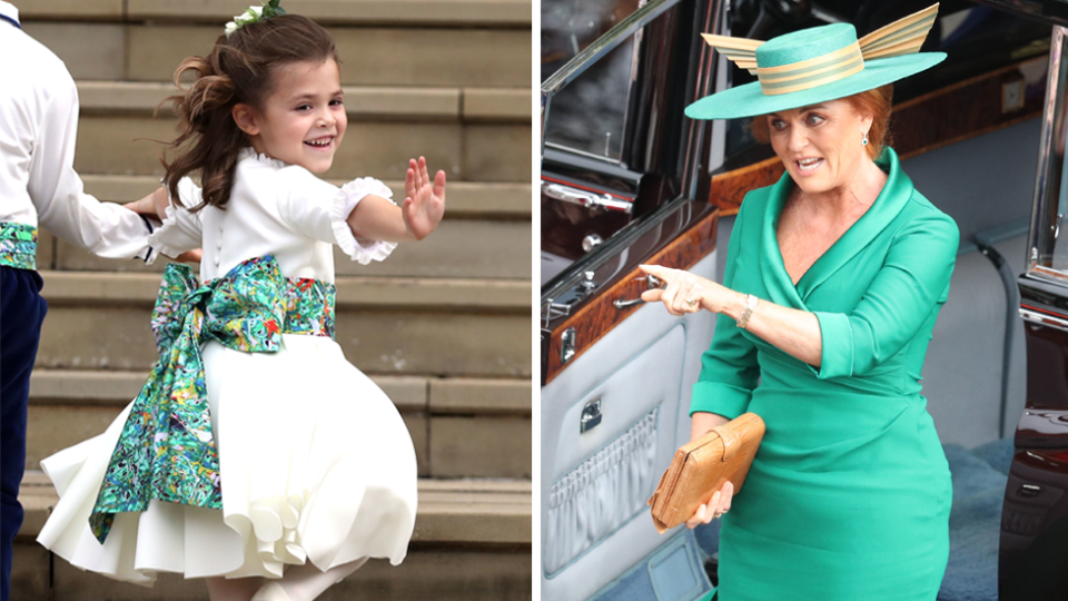 Robbie Williams’ daughter Theodora stole the show at Princess Eugenie’s royal wedding when she asked Sarah Ferguson an interesting question. Photo: Getty