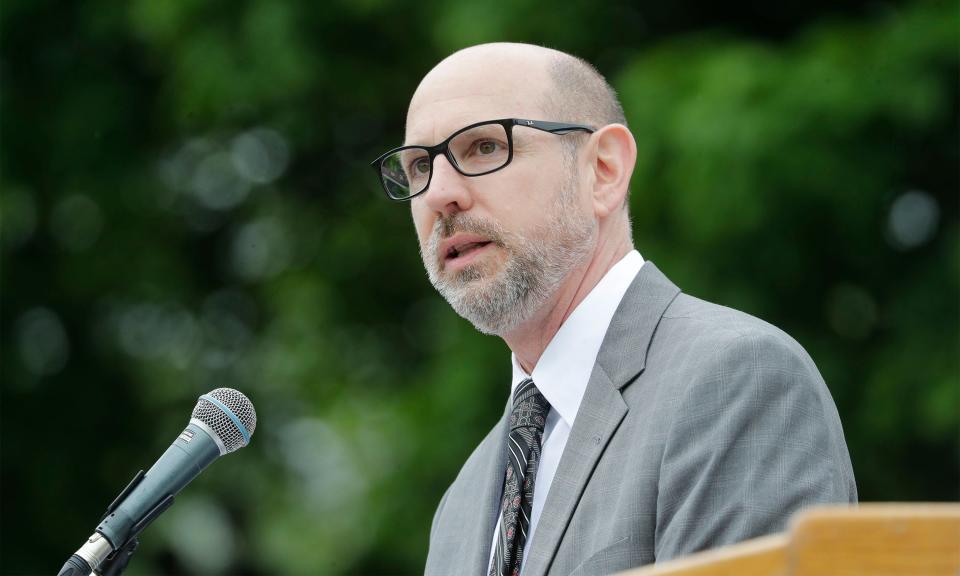 Sheboygan Area School District Superintendent Seth Harvatine gives an address to graduates at the commencement, Saturday, June 11, 2022 at Vollrath Bowl in Sheboygan.