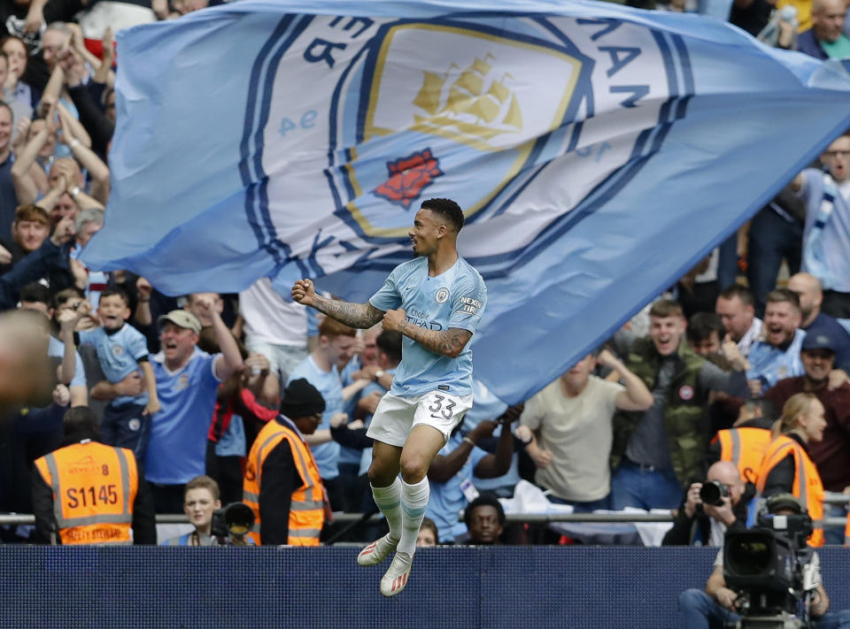 Manchester City's Gabriel Jesus celebrates after scoring his side's fourth goal during the English FA Cup Final soccer match between Manchester City and Watford at Wembley stadium in London, Saturday, May 18, 2019. (AP Photo/Kirsty Wigglesworth)