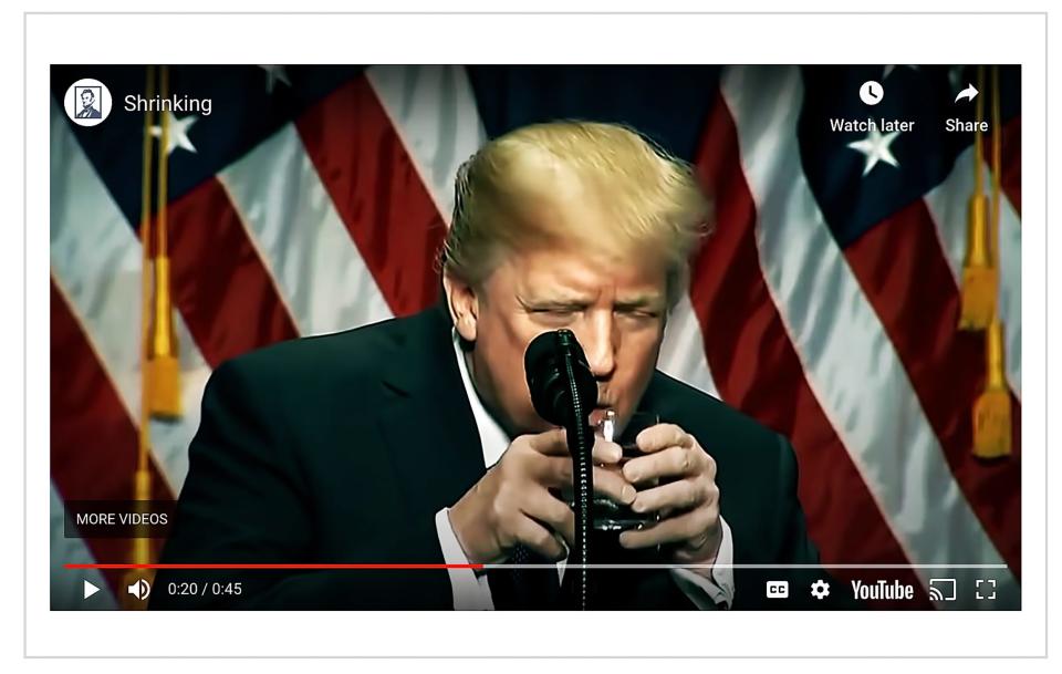 A screen capture from ad 'Shrinking' by the Lincoln Project. In this video, the Lincoln Project packaged video of Trump seeming to have trouble walking down a ramp at West Point and using two hands to take a drink of water, suggesting there might be something wrong with his health.