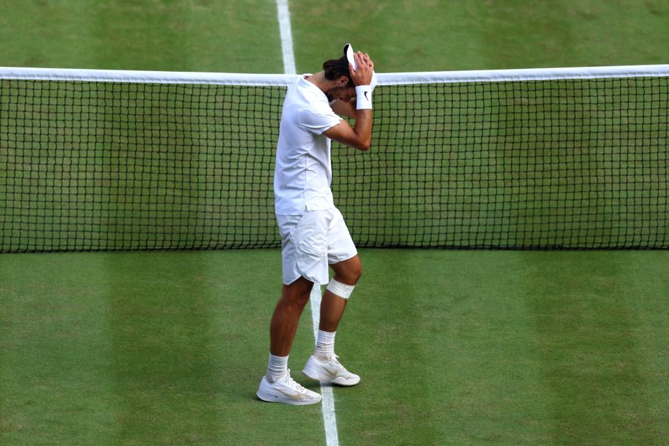 Lorenzo Musetti reacts to winning in five sets against Taylor Fritz (Getty Images)