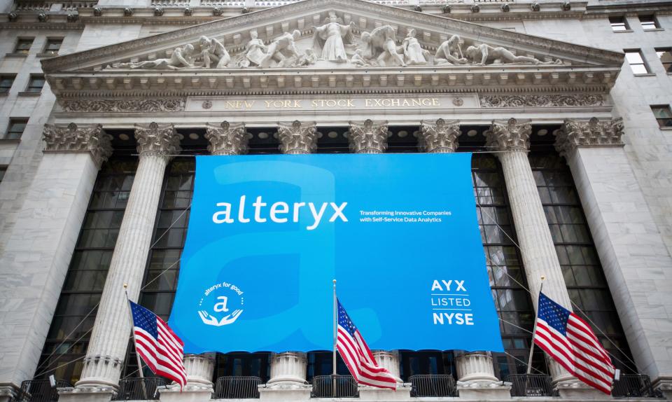 Alteryx signage is displayed in front of the New York Stock Exchange during the company's initial public offering, March 24, 2017. The company left personal information describing&nbsp;123 million U.S. households exposed. (Photo: Michael Nagle/Bloomberg via Getty Images)