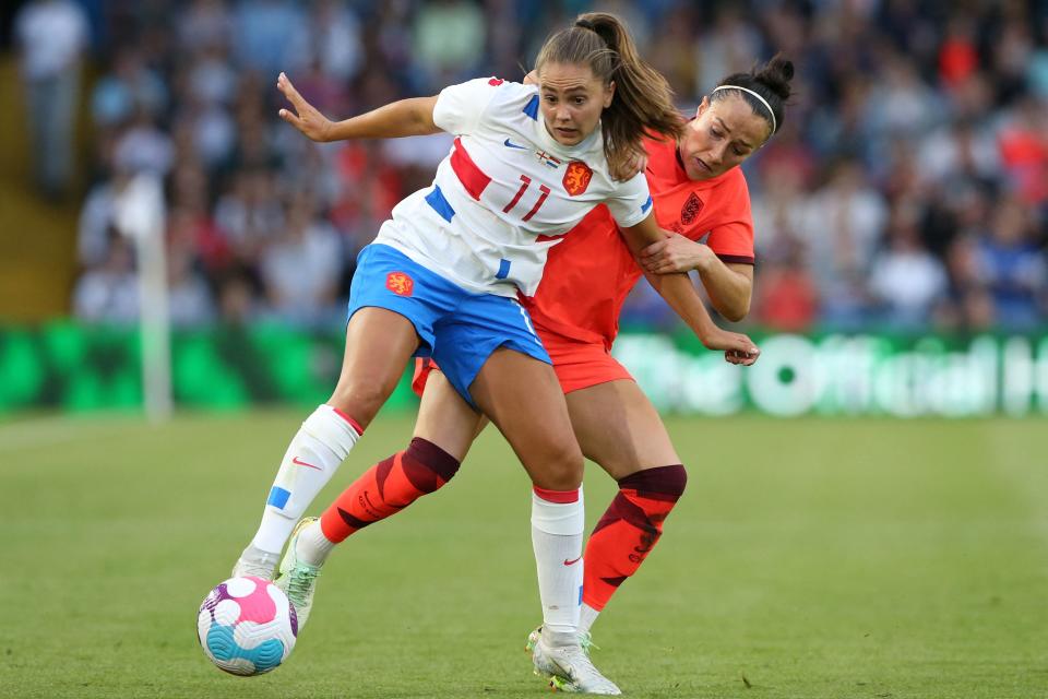 Lucy Bronze (right) and England are coming for the European crown, which currently belongs to Lieke Martens and the Netherlands. (Photo by NIGEL RODDIS/AFP via Getty Images)