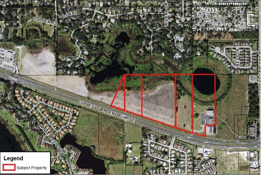 An aerial photo shows the site of the planned AdventHealth hospital in Winter Haven, just north of Cypress Gardens Boulevard and west of Cypress Gardens Road near River Lake.