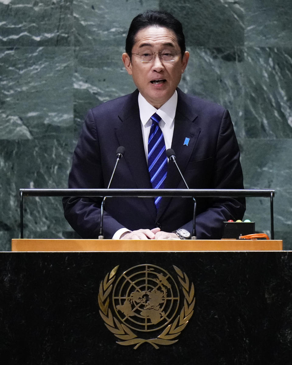 Japan's Prime Minister Fumio Kishida addresses the 78th session of the United Nations General Assembly, Tuesday, Sept. 19, 2023, at U.N. headquarters. (AP Photo/Frank Franklin II)