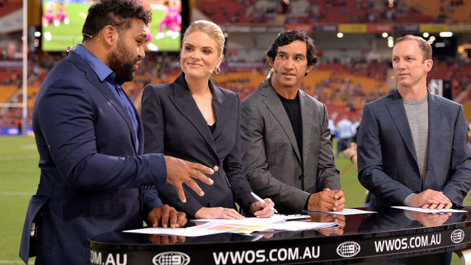 Sam Thaiday, Erin Molan, Jonathan Thurston and Darren Lockyer, pictured here on Friday night football.