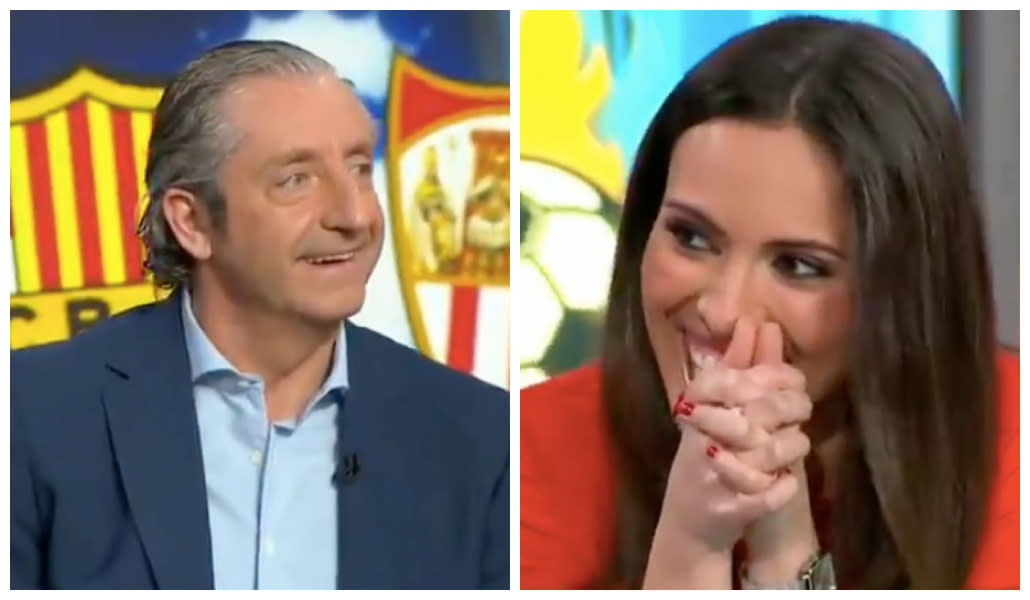 Josep Pedrerol y Sandra Díaz Arcas en el plató de 'El chiringuito de jugones'. (Fuente: Twitter/@elchiringuitotv)