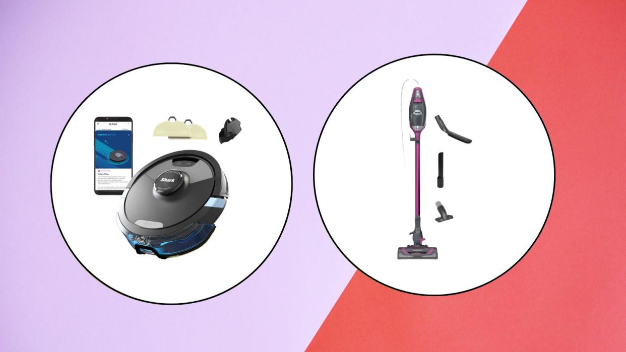  Shark vacuums on a split screen that's lavender and pink. 