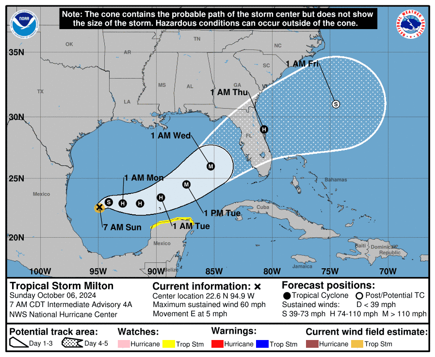 The National Hurricane Centers forecast track for Tropical Storm Milton is shown in this cone of concern graphic from 8 a.m. Sunday, October 6, 2024.