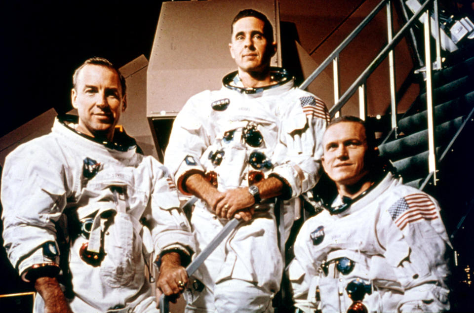 Portrait of the crew of NASA's Apollo 8 mission, December 1968. From left, command module pilot James Lovell, lunar module pilot William Anders, and Commander Frank Borman. / Credit: Interim Archives / Getty Images