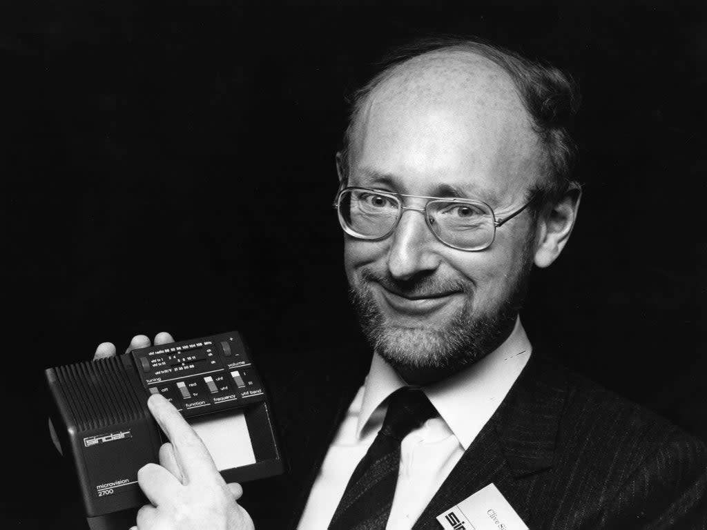 Sir Clive holds a prototype of a new multi-standard flat screen television in 1981  (Getty)