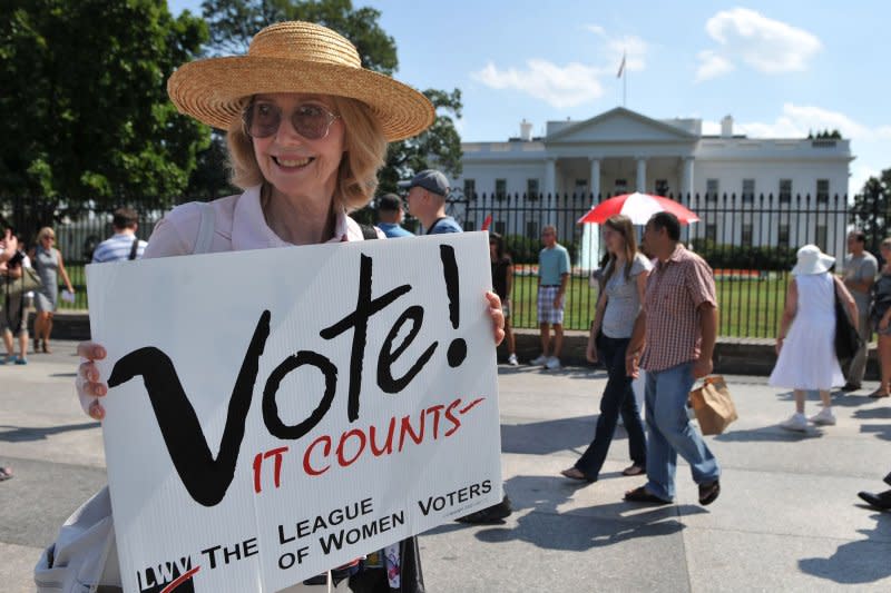 A member of the League of Women Voters participates in a demonstration to protest the lack of voting rights for the citizens of Washington, D.C., on the 90th Anniversary of the 19th Amendment, guaranteeing women the right to vote, in front of the White House in Washington on August 26, 2010. On August 19, 1920, the 19th Amendment was ratified by Tennessee, giving it the two-thirds majority of state ratification necessary to make it the law of the land. The law took effect eight days later. File Photo by Kevin Dietsch/UPI