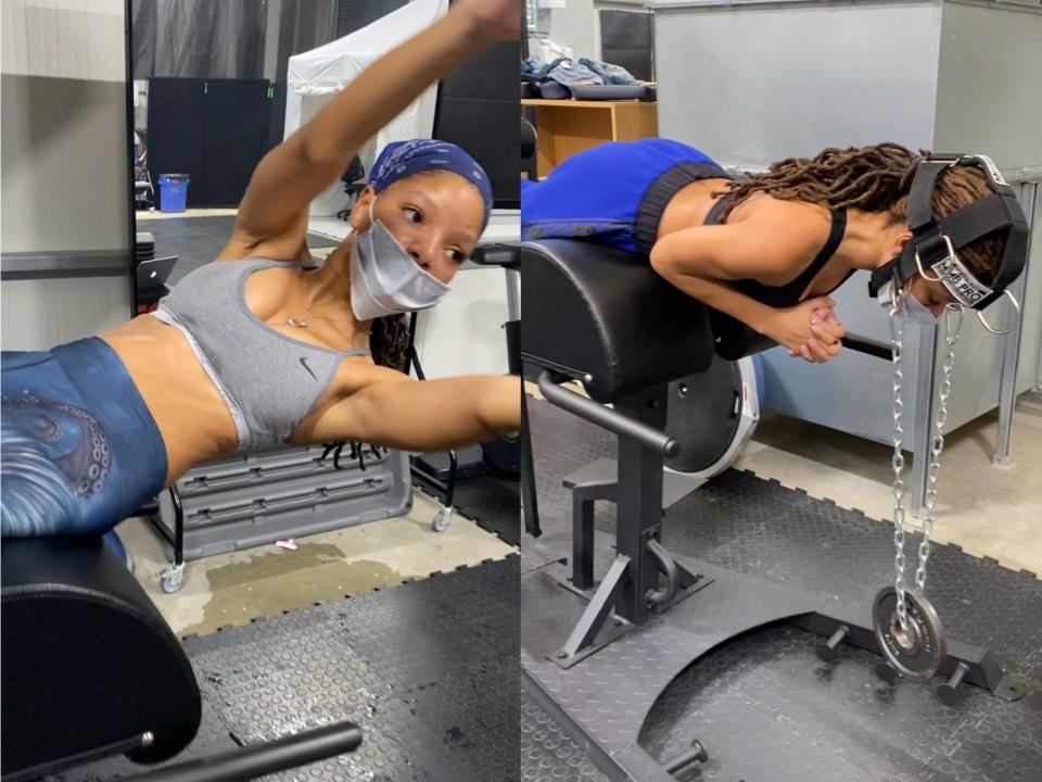 Halle Bailey strengthened her core and neck using a GHD machine.