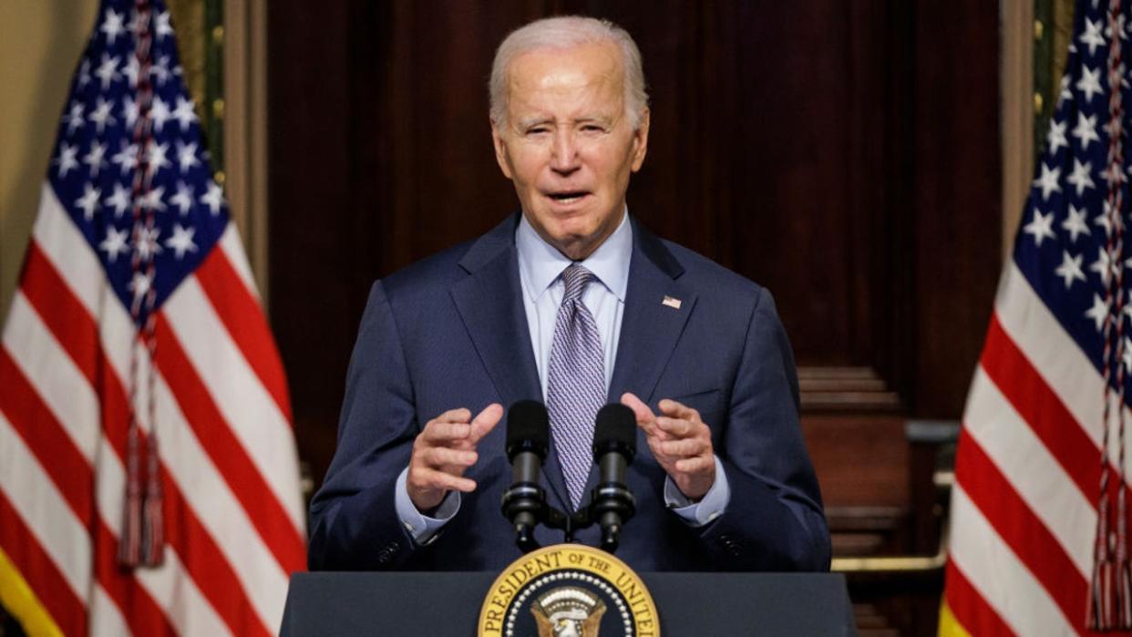 <div>President Joe Biden speaks during a roundtable discussion with Jewish community leaders in the Indian Treaty Room of the White House in Washington, D.C, on Wednesday, Oct. 11, 2023. (Samuel Corum/Sipa/Bloomberg via Getty Images)</div>