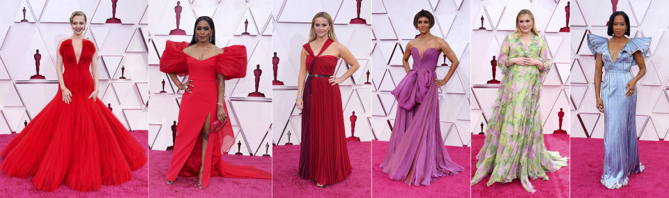 This combination shows, from left, Amanda Seyfried, Angela Bassett, Reese Witherspoon, Halle Berry, Emerald Fennell and Regina King at the Oscars on Sunday, April 25, 2021, at Union Station in Los Angeles. (AP Photo/Chris Pizzello, Pool)