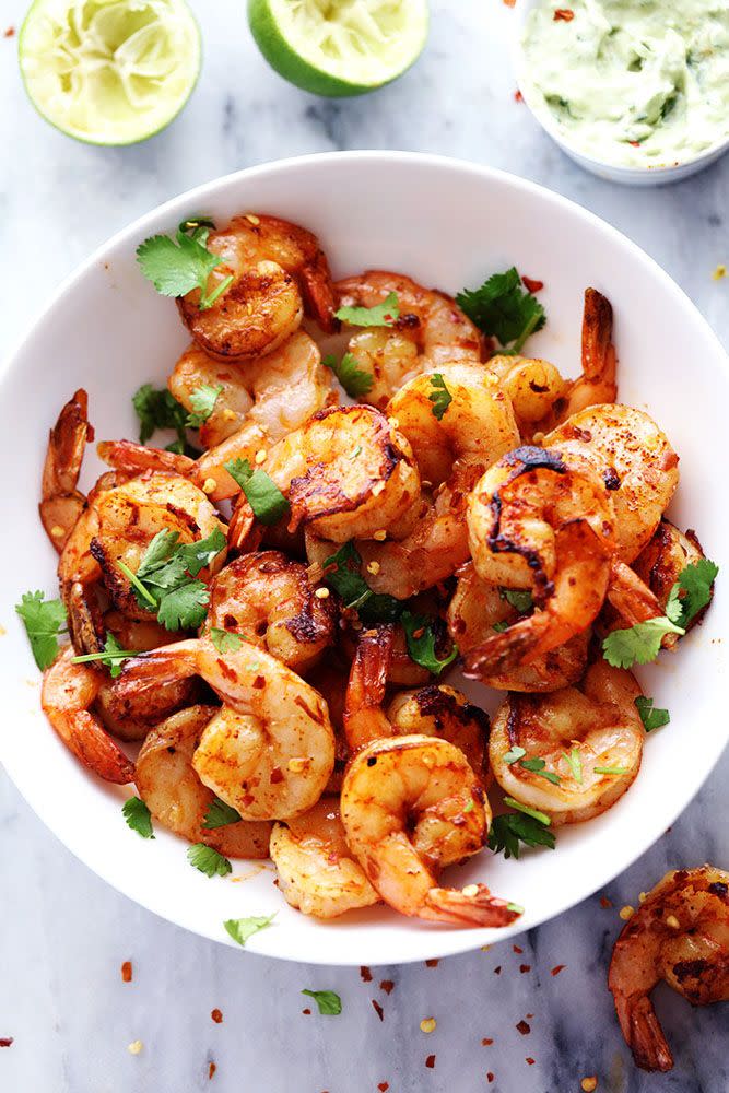 Grilled Spicy Lime Shrimp with Creamy Avocado Cilantro Sauce