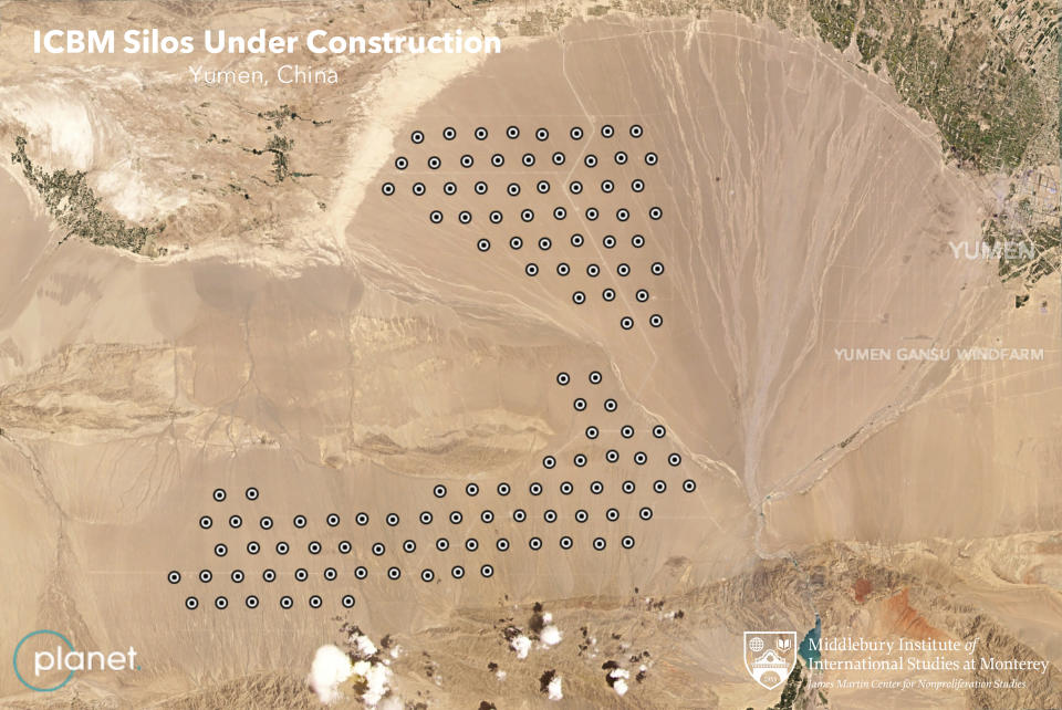 This June 4, 2021, satellite image provided by Planet Labs Inc. that has been annotated by experts at the James Martin Center for Nonproliferation Studies at Middlebury Institute of International Studies shows what analysts believe is a field of intercontinental ballistic missile silos near Yumen, China. The U.S. military is warning about what analysts have described as a major expansion of China's nuclear missile silo fields, at a time of heightened tension between the U.S. and China. (Planet Labs Inc., James Martin Center for Nonproliferation Studies at Middlebury Institute of International Studies via AP)