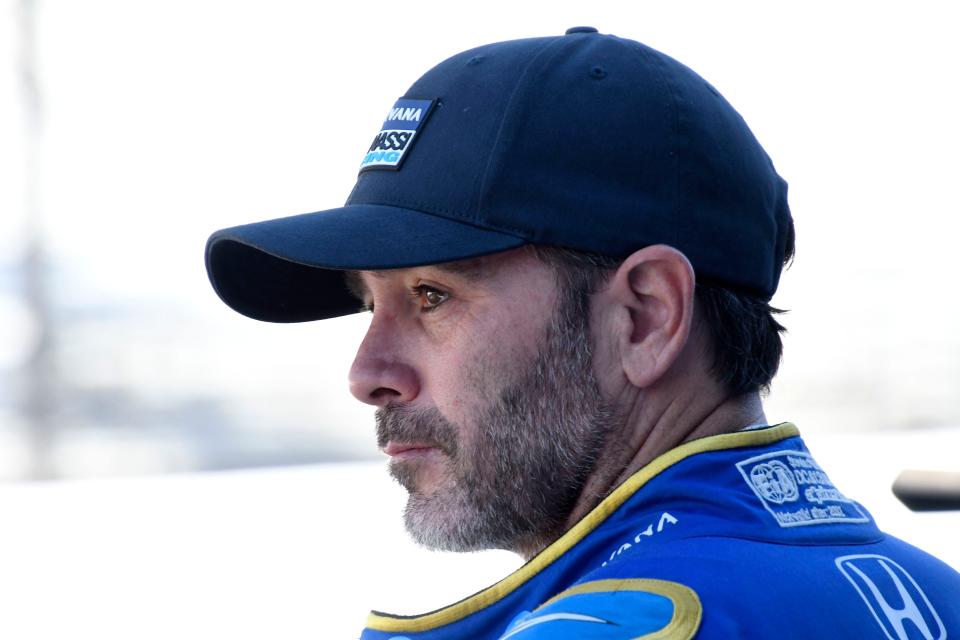 Chip Ganassi Racing driver Jimmie Johnson (48) looks out at the track Tuesday, May 17, 2022, during the first day of Indianapolis 500 practice at Indianapolis Motor Speedway. 