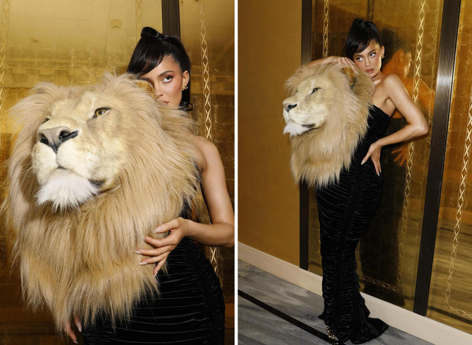 Two photos of Kylie Jenner wearing a black dress with a giant lion head on it