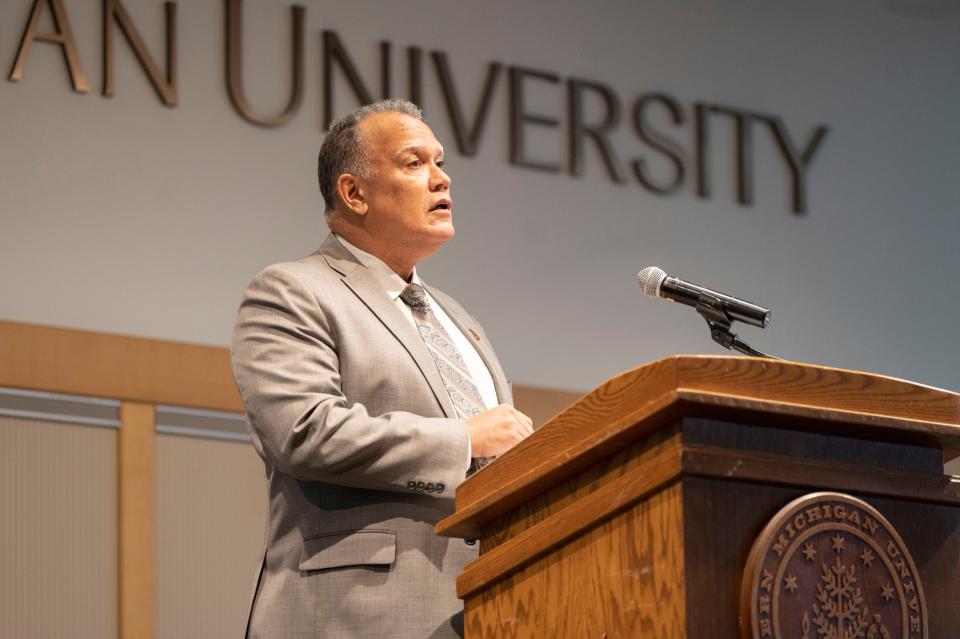 WMU President Edward Montgomery speaks during a candlelight vigil honoring Michigan State University mass shooting victims at Western Michigan University in Kalamazoo on Wednesday, Feb. 15, 2023.