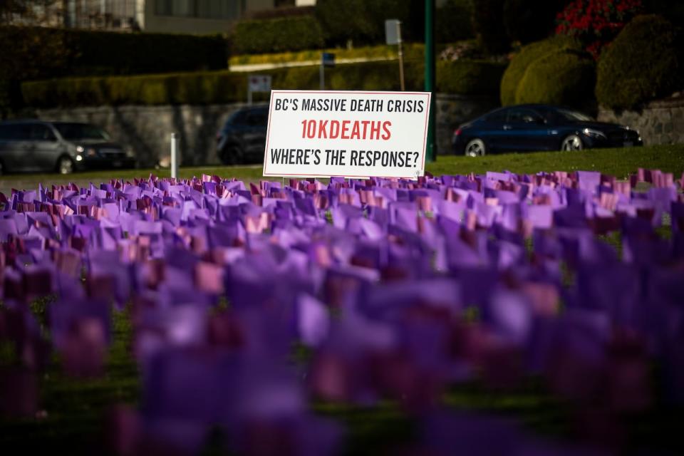 Flags that represent the lives lost due to drug overdoses are pictured during a Moms Stop The Harm memorial on the sixth anniversary of the opioid public health emergency in Vancouver, British Columbia, on Thursday, April 14, 2022.