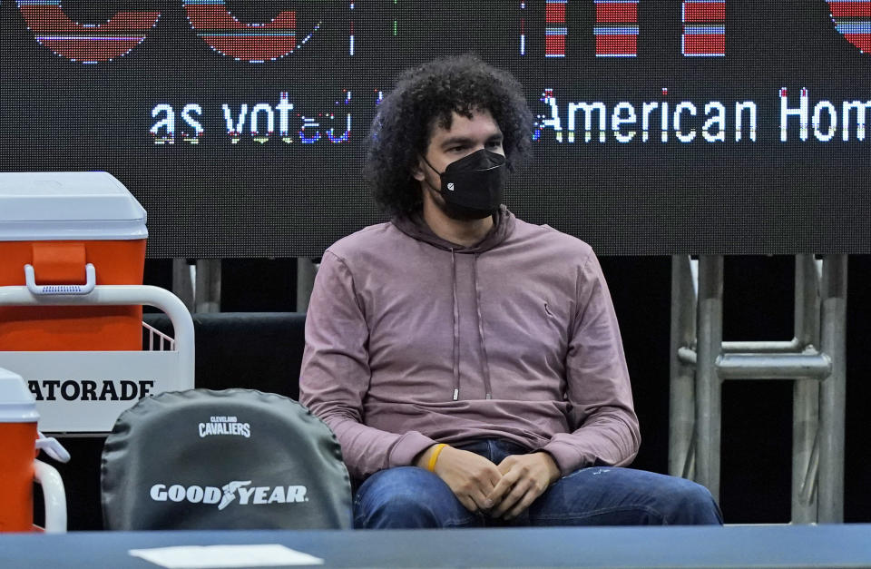 Cleveland Cavaliers' Anderson Varejao watches in the second half of an NBA basketball game against the Phoenix Suns, Tuesday, May 4, 2021, in Cleveland. Phoenix won 134-118 in overtime. (AP Photo/Tony Dejak)