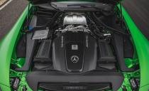 As you’d expect, AMG gives the GT R a power boost over the less powerful GT S. The coupe’s twin-turbocharged 4.0-liter V-8 engine is shared—at least on a basic level—with other AMG GT models, but here it makes 577 horsepower and 516 lb-ft of torque. That’s a 62-hp, 22-lb-ft increase over the 2018 GT S.