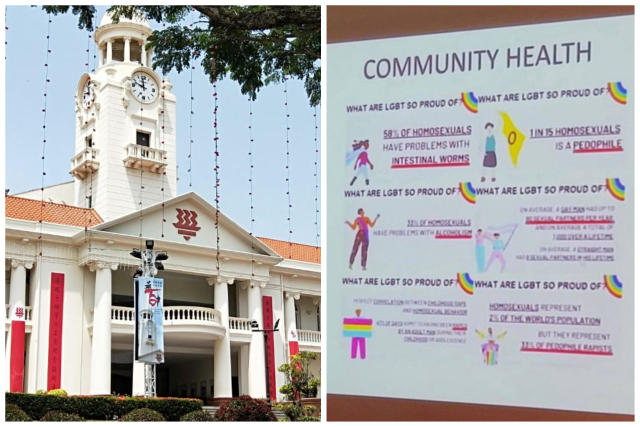 A Hwa Chong Institution (left) staff member had show slides with discriminatory comments on the LGBTQ+ community (right) during an assembly talk to Secondary 4 students. (PHOTOS: Yahoo News Singapore/Instagram)