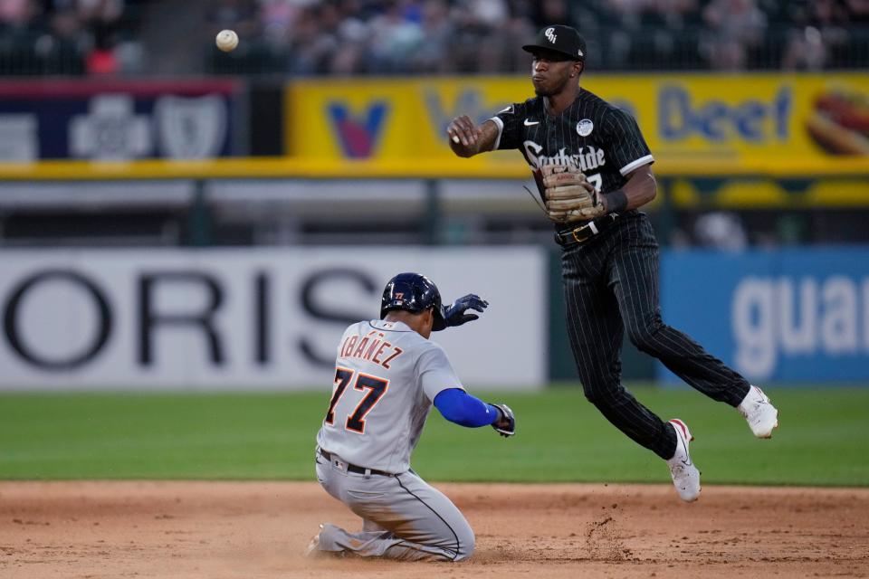 Detroit Tigers' Andy Ibanez is out at second as Chicago White Sox shortstop Tim Anderson throws to first during the fifth inning at Guaranteed Rate Field in Chicago on Friday, June 2, 2023.