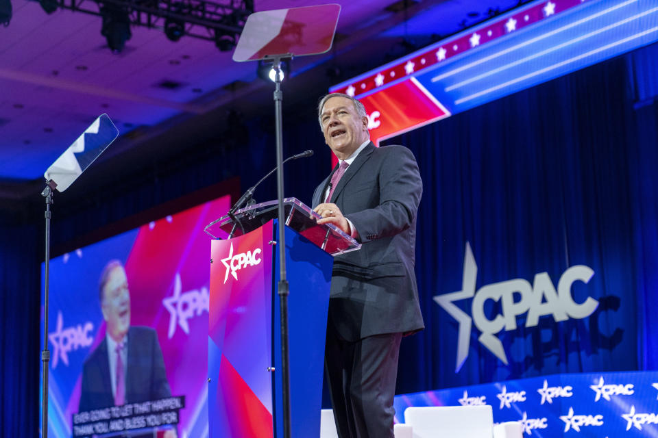 Former Secretary of State Mike Pompeo speaks at the Conservative Political Action Conference, CPAC 2023, Friday, March 3, 2023, at National Harbor in Oxon Hill, Md. (AP Photo/Alex Brandon)