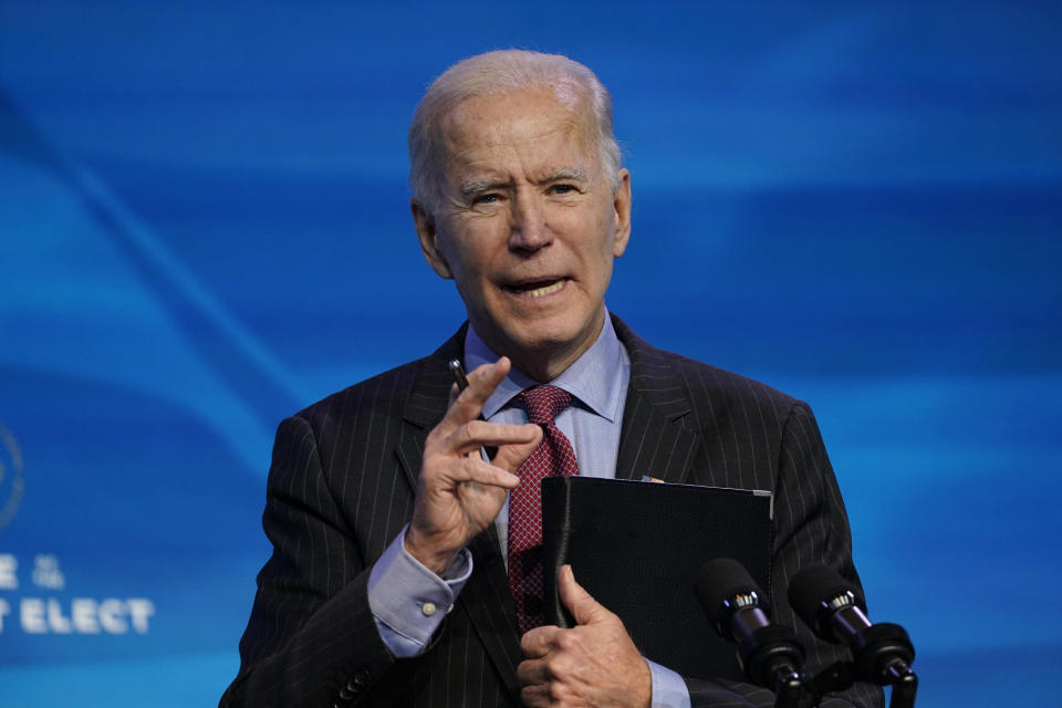 FILE - In this Jan. 8, 2021, file photo, then President-elect Joe Biden speaks during an event at The Queen theater in Wilmington, Del. Last year was a disaster for North Korean leader Kim Jong Un, who helplessly watched his country's economy decay amid pandemic border closures while brooding over the collapse of made-for-TV summits with former President Donald Trump that failed to lift sanctions from his country. Now he must start over with President Joe Biden, who has previously called him a thug and accused Trump of chasing spectacles instead of meaningful reductions of Kim’s nuclear arsenal. (AP Photo/Susan Walsh, File)