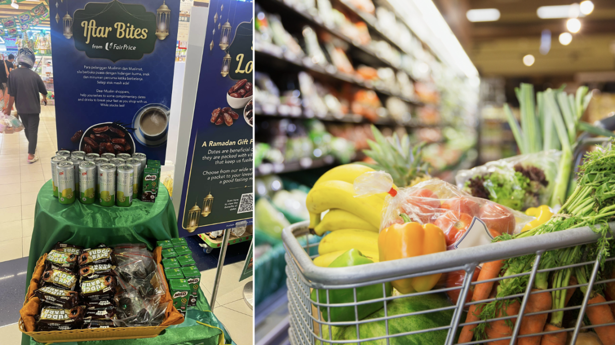 Free Ramadan goodies both (left) and trolley with vegetables in NTUC FairPrice