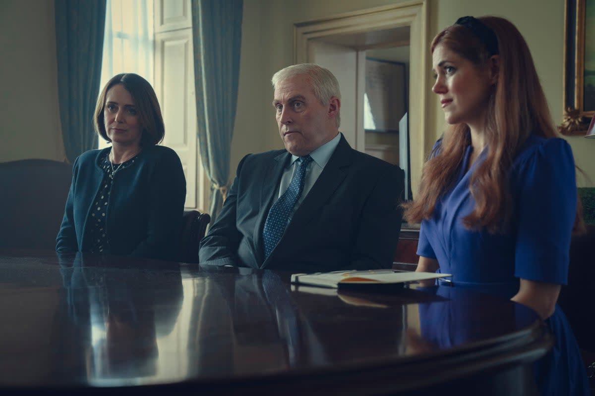Drama: Keeley Hawes as Amanda Thirsk, Rufus Sewell as Prince Andrew and Charity Wakefield as Princess Beatrice in ‘Scoop’  (Netflix/Peter Mountain. All Rights Reserved)