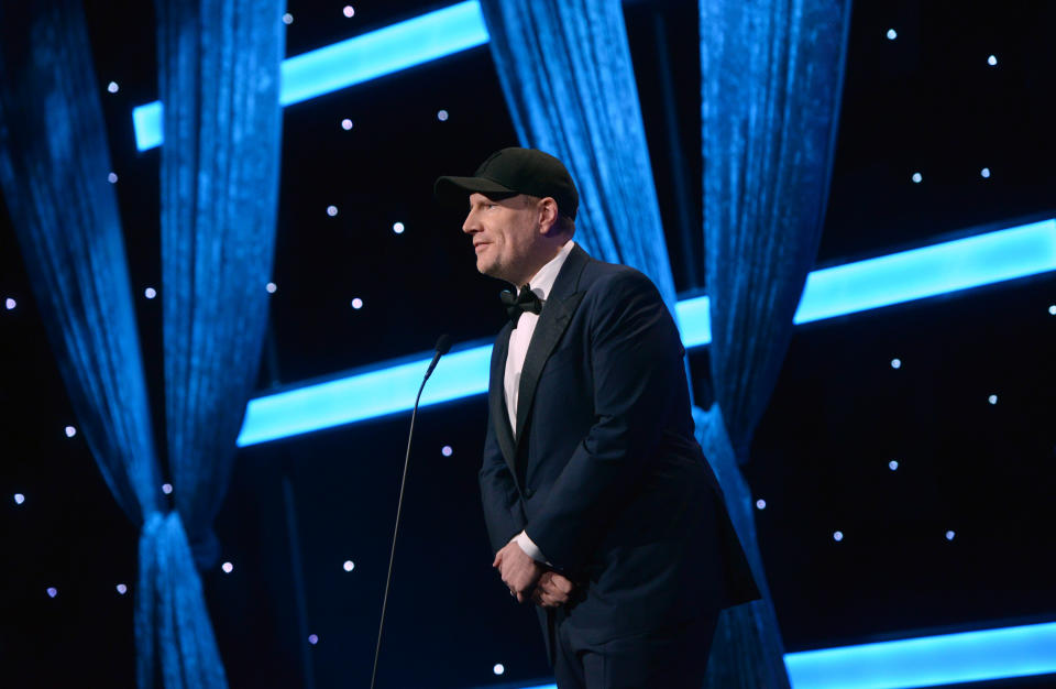 BEVERLY HILLS, CALIFORNIA - NOVEMBER 18: Kevin Feige, President, Marvel Studios and Chief Creative Officer, Marvel Entertainment, speaks onstage during the 35th Annual American Cinematheque Awards Honoring Scarlett Johansson at The Beverly Hilton on November 18, 2021 in Beverly Hills, California. (Photo by Vivien Killilea/Getty Images for American Cinematheque)