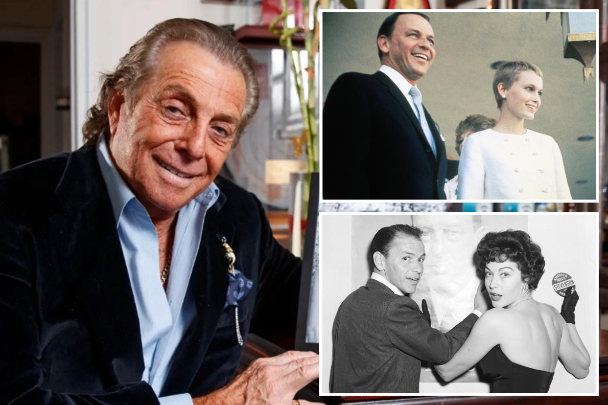 composite image: gianni russo, left; upper right Frank Sinatra, Mia Farrow, lower right sinatra and Ava Gardner