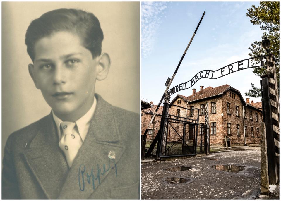 Jiri Popper, un judío checoslovaco asesinado en Auschwitz con la foto en la que luce el pin de la Real Sociedad y la puerta de entrada del campo de concentración nazi. (Foto: Twitter / @AuschwitzMuseum / Getty Images).