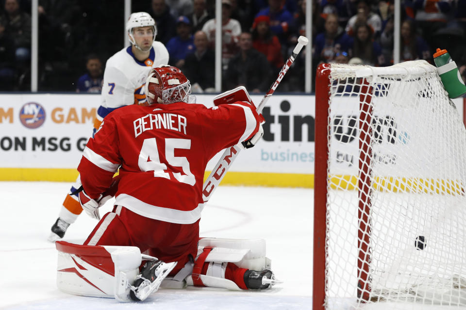 New York Islanders right wing Jordan Eberle (7) watches as his second goal of the night goes into the net past Detroit Red Wings goaltender Jonathan Bernier during the second period of an NHL hockey game Friday, Feb. 21, 2020, in Uniondale, N.Y. (AP Photo/Kathy Willens)